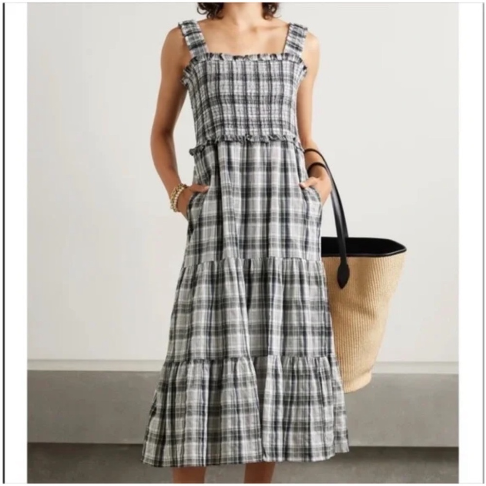 Veronica Beard Ziada Smocked Plaid Midi Dress White Multi Boho Designer